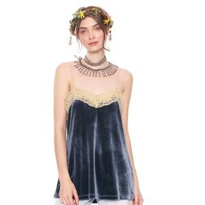 Aratta Silent Journey Velvet Dreams Dark Teal Yellow Lace Trim Cami Top Large‎